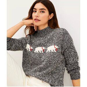 Loft Polar Bears Mock Neck Sweater Women's XL Marled Black White Stretch Knit